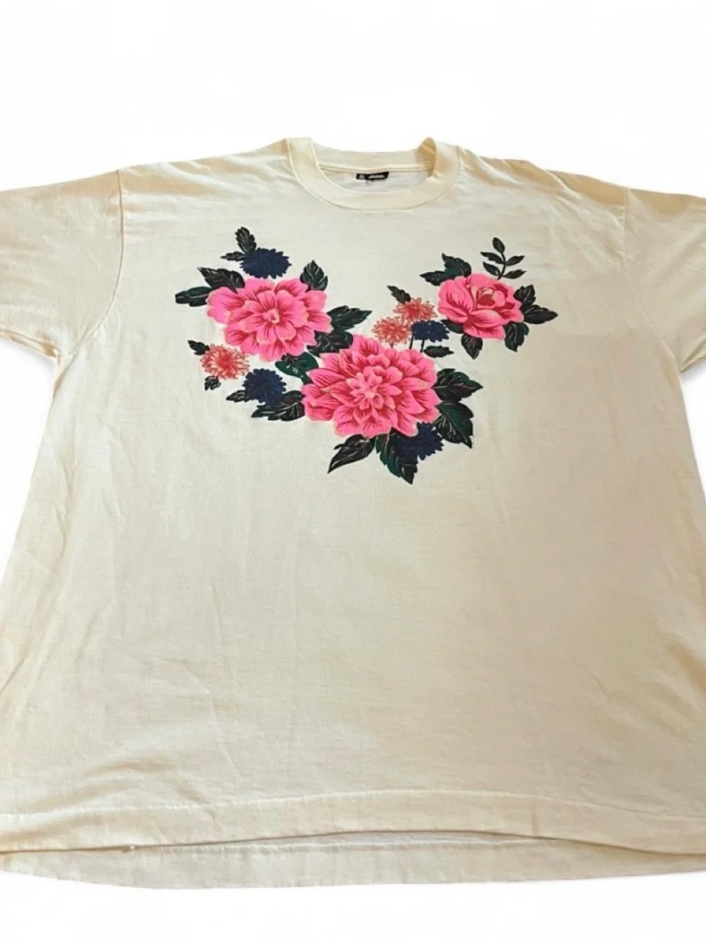 Women’s Vintage 90s Floral Pink Flower White Shirt Size XL